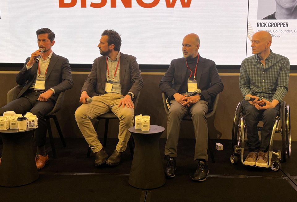 Greystar's Christopher Mazzola, Davis Cos.' Stephen Skolas, SGA's Reza Rahimpour and Camber Property Group's Rick Gropper onstage at Bisnow's 2026 New York Multifamily Development and Investment Conference.