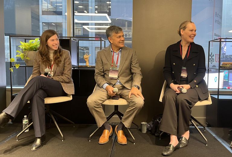 EOS Investors' Sofie Issembert, the Hotel Association of New York City's Vijay Dandapani and Hyatt's Rika Lisslo onstage at Bisnow's 2024 New York Hotel and Hospitality Conference.