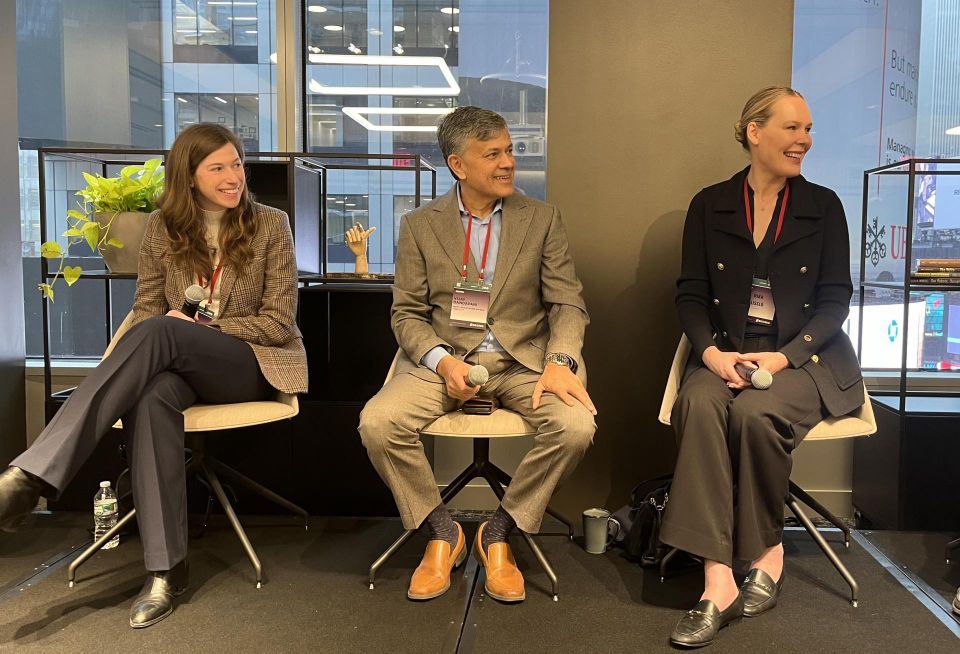 EOS Investors' Sofie Issembert, the Hotel Association of New York City's Vijay Dandapani and Hyatt's Rika Lisslo onstage at Bisnow's 2024 New York Hotel and Hospitality Conference.