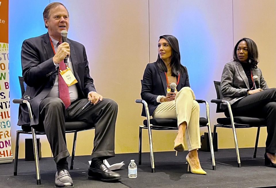 CBRE's David Webb, Nuveen's Nikita Rao and Menkiti Group's Melissa Lee at Bisnow's multifamily conference Nov. 30, 2021.