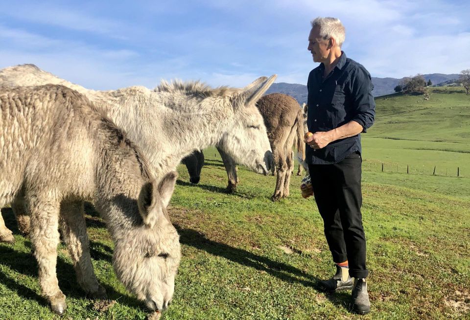Adam Gordon with donkeys on his California ranch