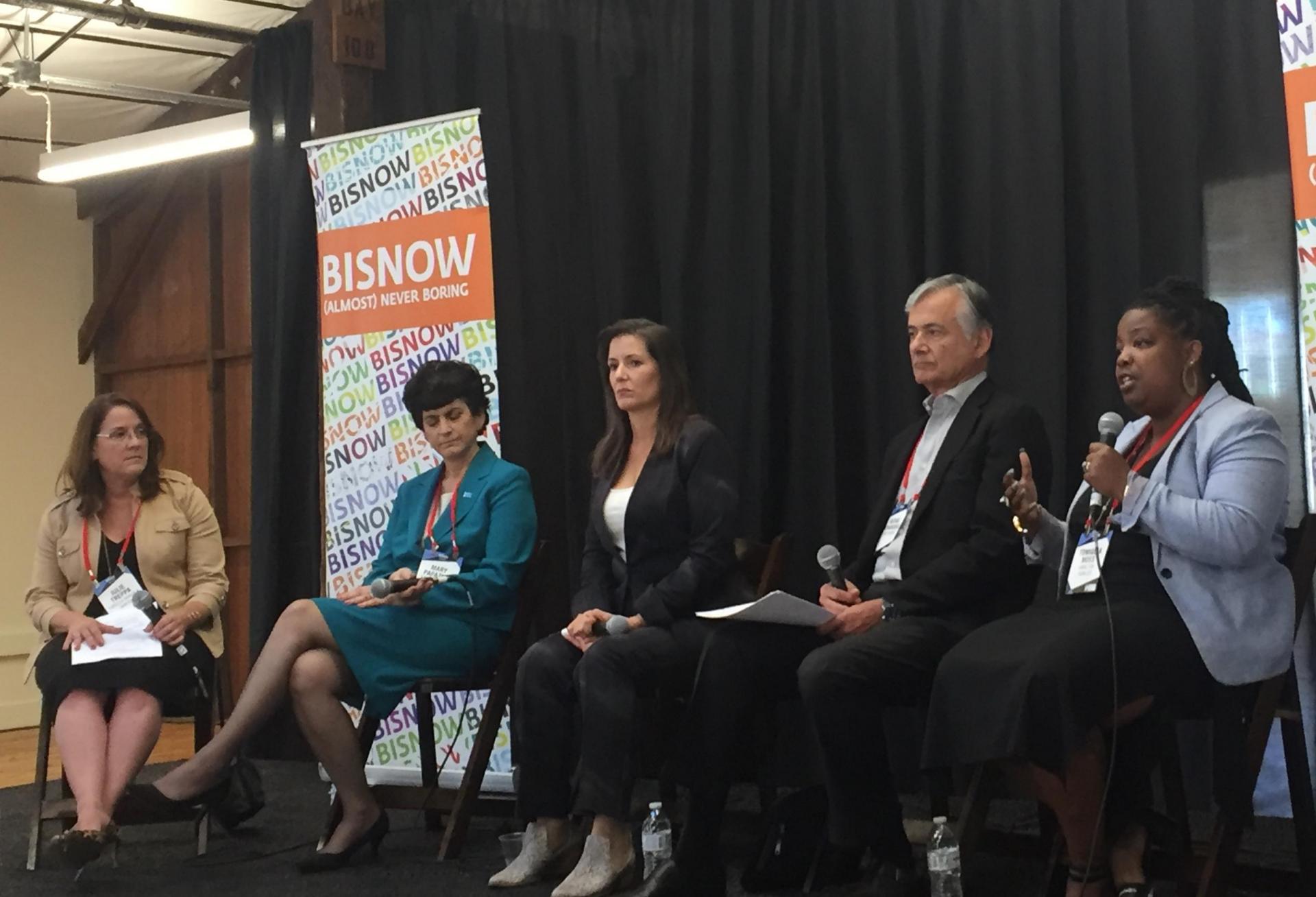 Farella Braun + Martel partner Julie Treppa, San Jose State University President Mary Papazian, Oakland Mayor Libby Schaaf, TMG Partners CEO Michael Covarrubias and former Hamilton Families CEO Tomiquia Moss