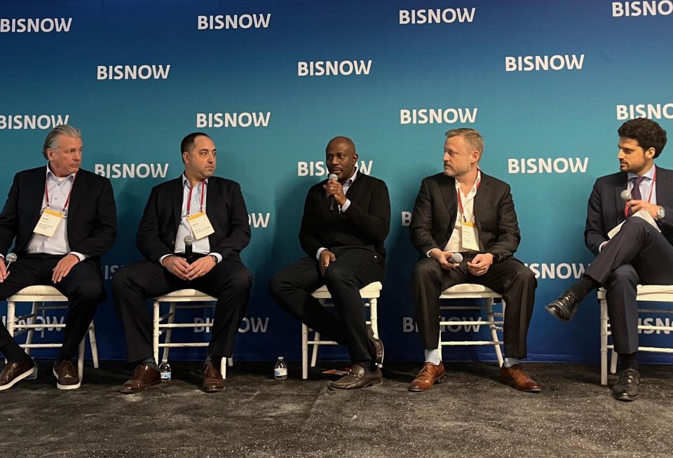 NAI Resolution Real Estate Partners's Jerry Nocera, Wolf Construction's Greg Wolf, Genesis Companies' Karim Hutson, L&L Holding Company's David Horowitz and Ingram Yuzek Gainen Carroll & Bertolotti's Maurizio Angolan onstage at Bisnow's 2023 New York City State of the Market event.