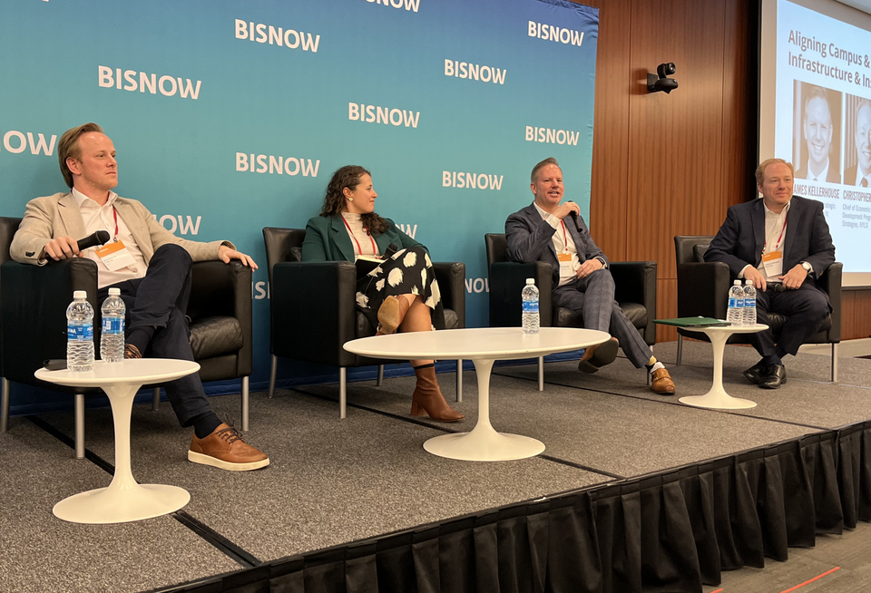 CBRE's Warren Celiz, Green Building Initiative's Annie Snyder, Vanderbilt University NYC's James Kellerhouse and New York Law School's Christopher Bruno onstage at Bisnow's 2025 New York Higher Education Summit.