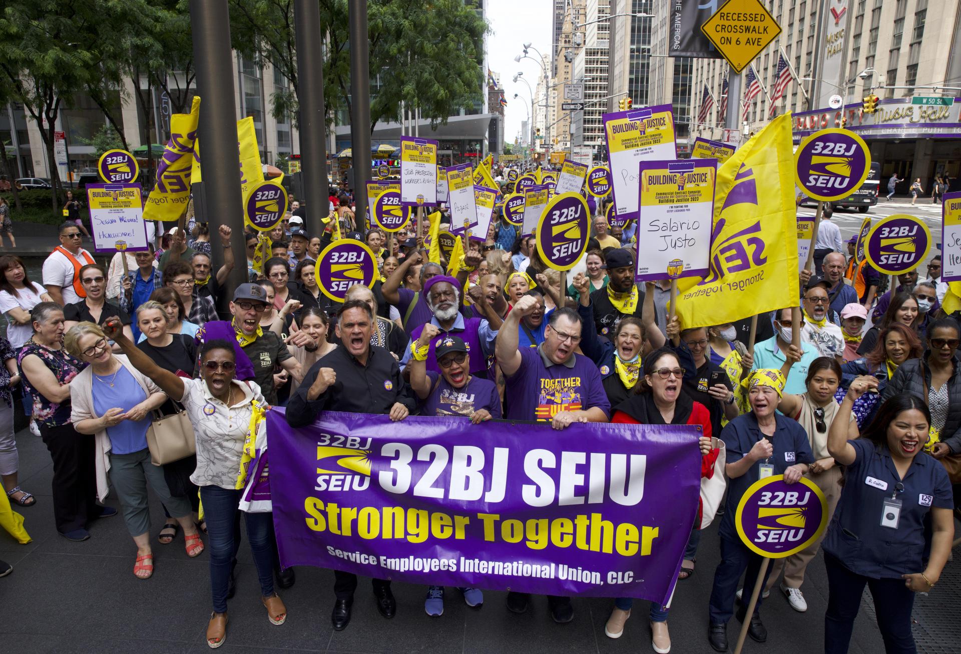 32BJ SEIU members rallied in Manhattan on Thursday afternoon for higher wages and improved benefits for NYC's union janitors.