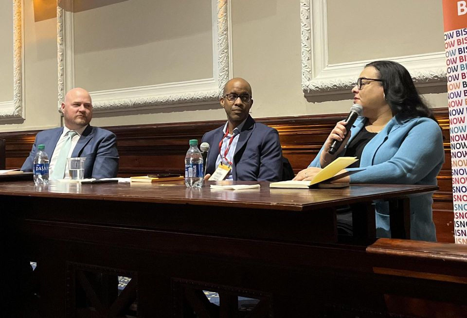 NFP's Eric Sutter, Silverstein Properties' Malcolm Williams and BRP Companies' Mary Serafy onstage at Bisnow's 2024 Construction & Development event.