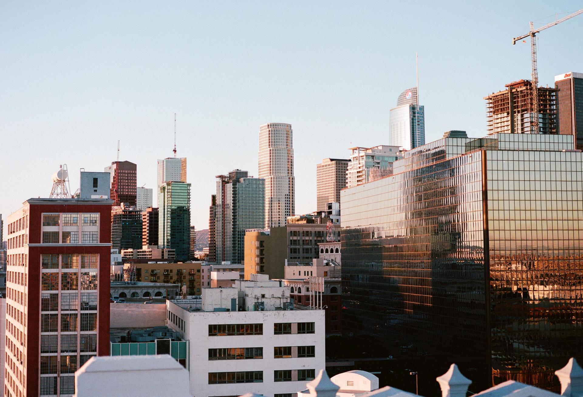 Downtown Los angeles, buildings, apartment buildings, LA skyline, LA skyline crane