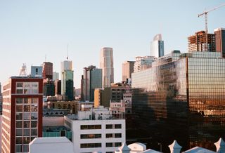Downtown Los angeles, buildings, apartment buildings, LA skyline, LA skyline crane