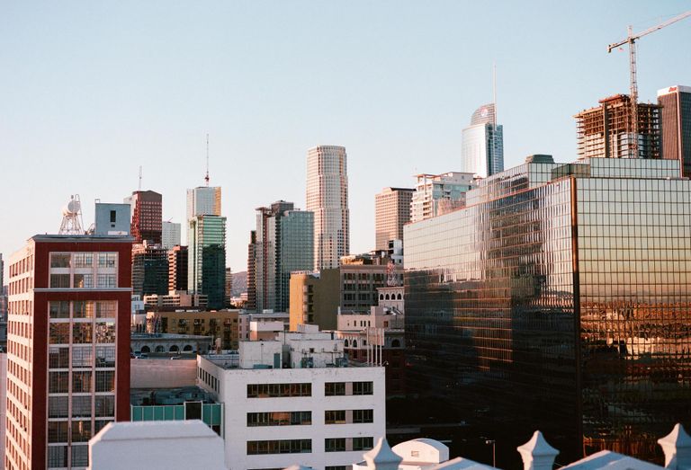 Downtown Los angeles, buildings, apartment buildings, LA skyline, LA skyline crane