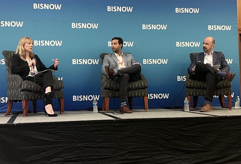 Hankin Group's Stacy Martin, Ensemble Real Estate Investments' Nelson Way and CLA's George Kotridis at Bisnow's Philly Suburbs State of the Market event on June 28, 2023