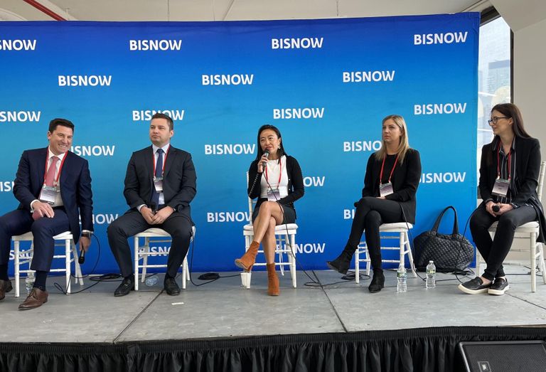 Meridian Capital's David Schechtman, Reba Development's Sergey Reba, New Empire Corp.'s Emily Zhu, Brown Harris Stevens Development Marketing's Laura Tomana and Arch Companies's Tristian Last on stage at Bisnow's 2023 Long Island City and Queens State of the Market event.