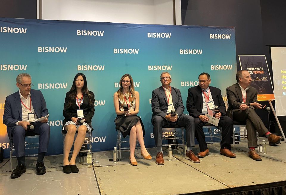 B.R.Fries's Steven Kirschenbaum, Montefiore Health System's Lydia Guo, Ewing Cole's Sophie Buttiens, BR+A's Raymond Prucha, Gilsanz Murray Steficek's Jonathan Hernandez and Mount Sinai Health System's Thomas Foley onstage at Bisnow’s New York Healthcare Real Estate Conference.