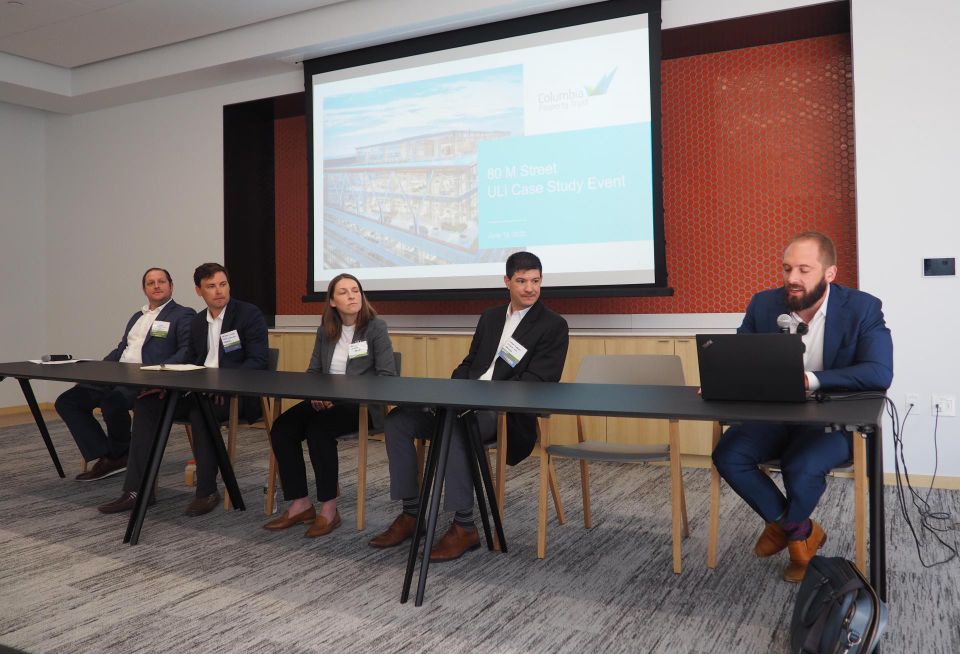 MGAC's David Ben-Israel, Davis Construction's Patrick Cotter, Arup's Lauren Wingo, Hickok Cole's Jason Wright and Columbia Property Trust's Jesse Stephens speak on a ULI panel to discuss the mass timber addition to the 80 M St. SE office building.