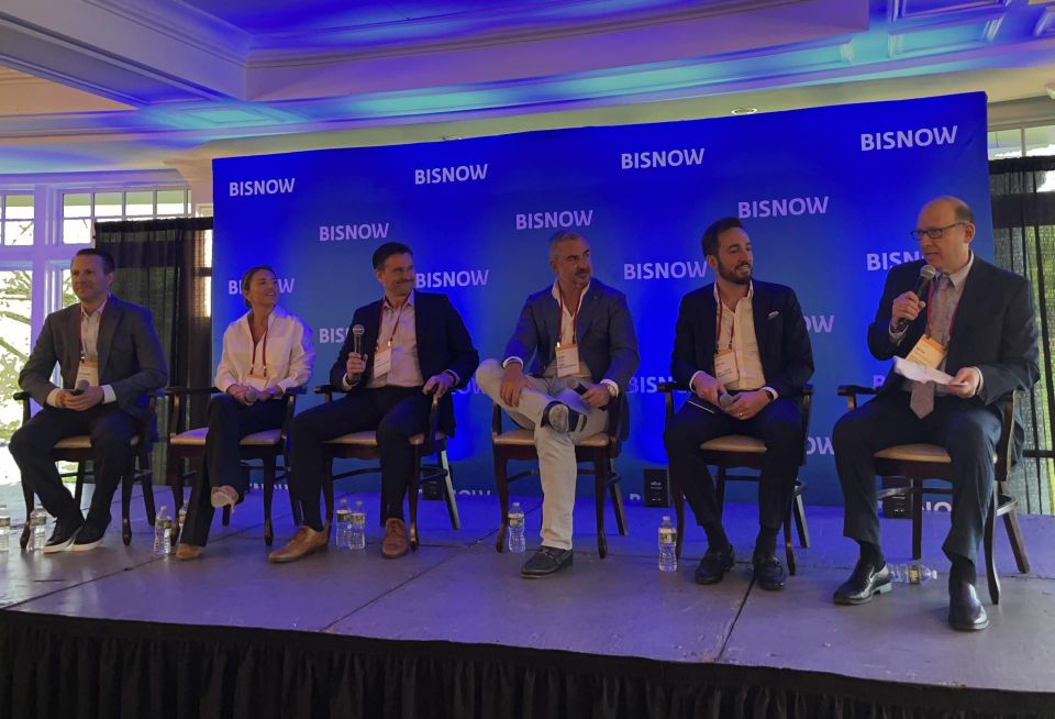 Minno Wasko's Stuart Johnson, Hines' Lily Ackerman, Saber-Hightower's Greg Belew, Caspi Development's Josh Caspi, Mill Creek Residential's Keith Rand and McCullogh Goldberger & Staudt's Seth Mandelbaum onstage at Bisnow's 2024 Westchester State Of The Market event.
