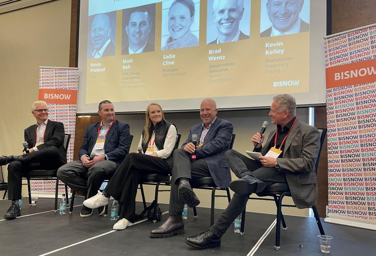 Business leaders on the “Transforming Downtown: The Impact of Sports-Centric Redevelopment” panel at Bisnow's Nov. 7 Denver Sports & Entertainment event. From L-R: Brad Wentz, construction executive, Turner Construction; Matt Bell, SVP, Kroenke Sports & Entertainment; Sadie Cline, principal, ZGF Architects; Kevin Preblud, COO, Exdo Group; Kevin Kelley, shareholder, Greenberg Traurig.