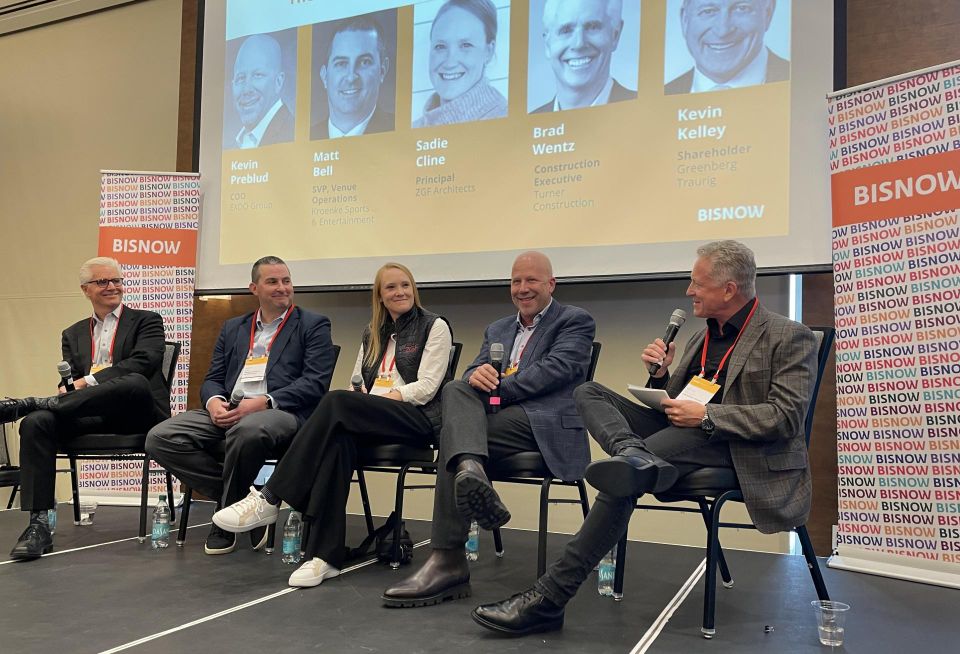 Business leaders on the “Transforming Downtown: The Impact of Sports-Centric Redevelopment” panel at Bisnow's Nov. 7 Denver Sports & Entertainment event. From L-R: Brad Wentz, construction executive, Turner Construction; Matt Bell, SVP, Kroenke Sports & Entertainment; Sadie Cline, principal, ZGF Architects; Kevin Preblud, COO, Exdo Group; Kevin Kelley, shareholder, Greenberg Traurig.