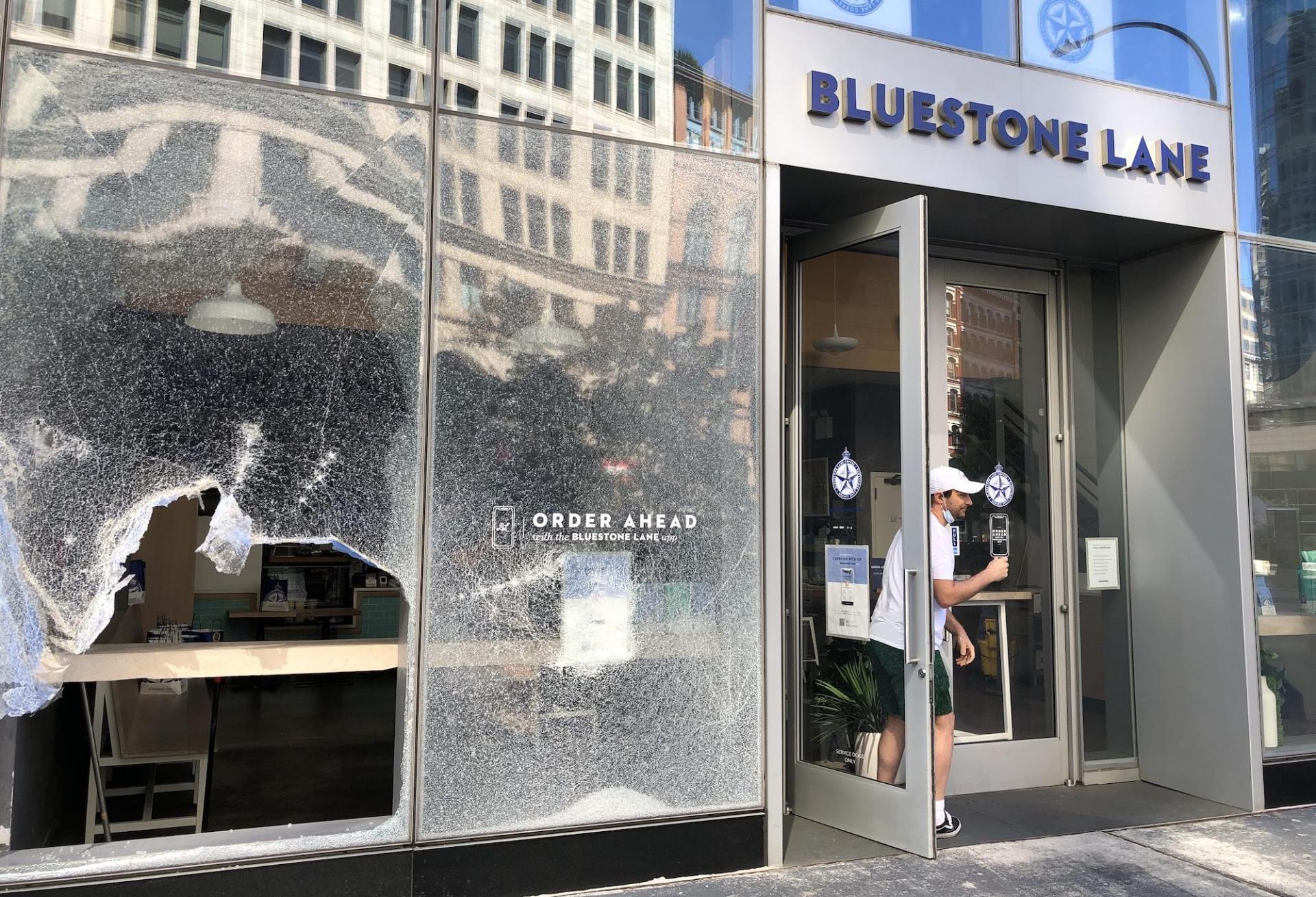 A Bluestone Lane location in Lower Manhattan had its windows smashed in during violent protests and looting Sunday, May 31, 2020.