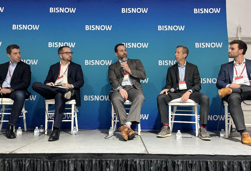 Faropoint's Ohad Porat, Solar Landscape's Mark Schottinger, Rockefeller Group's Heath Abrahamson, KSS Architects' Scot Murdoch and ARCO Design/Build's Jim Wyatt on stage at 2505 Bruckner for Bisnow's 2023 Northeast Industrial and Logistics event.