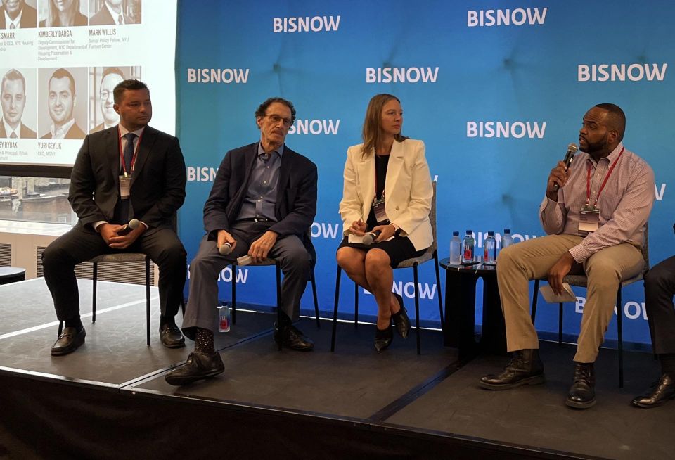 Rybak Development's Sergey Rybak, NYU Furman Center's Mark Willis, New York City Department of Housing Preservation and Development's Kimberly Darga and NYC Housing Partnership's Jamie Smarr onstage at Bisnow's 2023 New York Affordable Housing Conference.