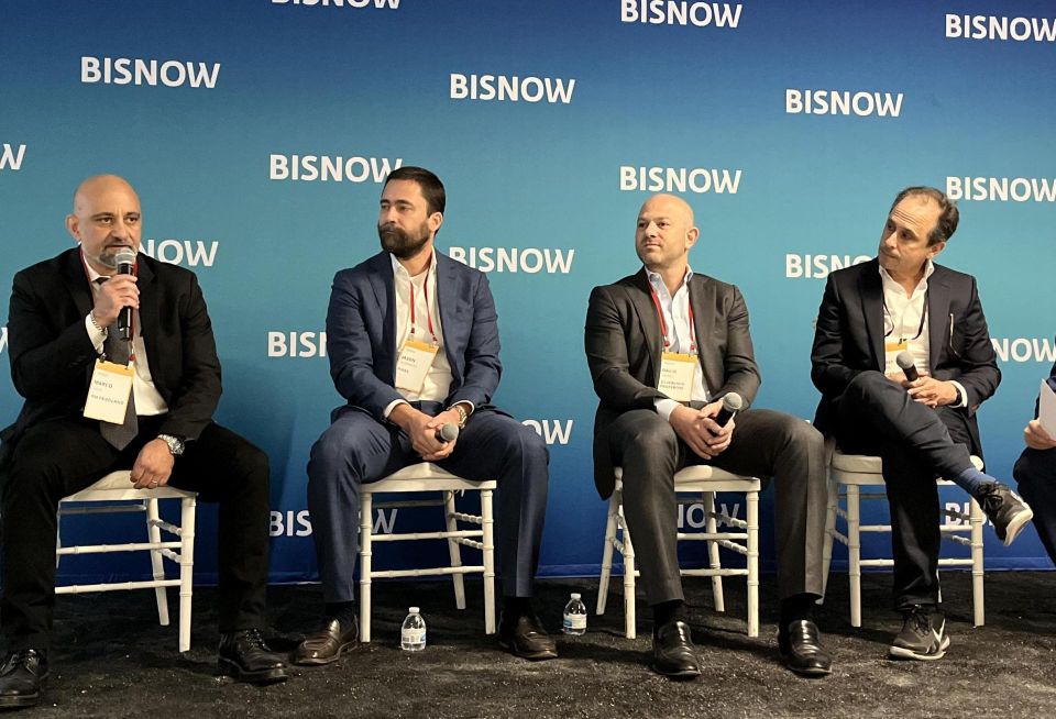 RM Friedland's Marco Lala, Hines' Jason Alderman, Silverstein Properties' David Marks and Tishman Speyer's Jeffrey Mandel onstage at Bisnow's 2023 New York City State of the Market event.