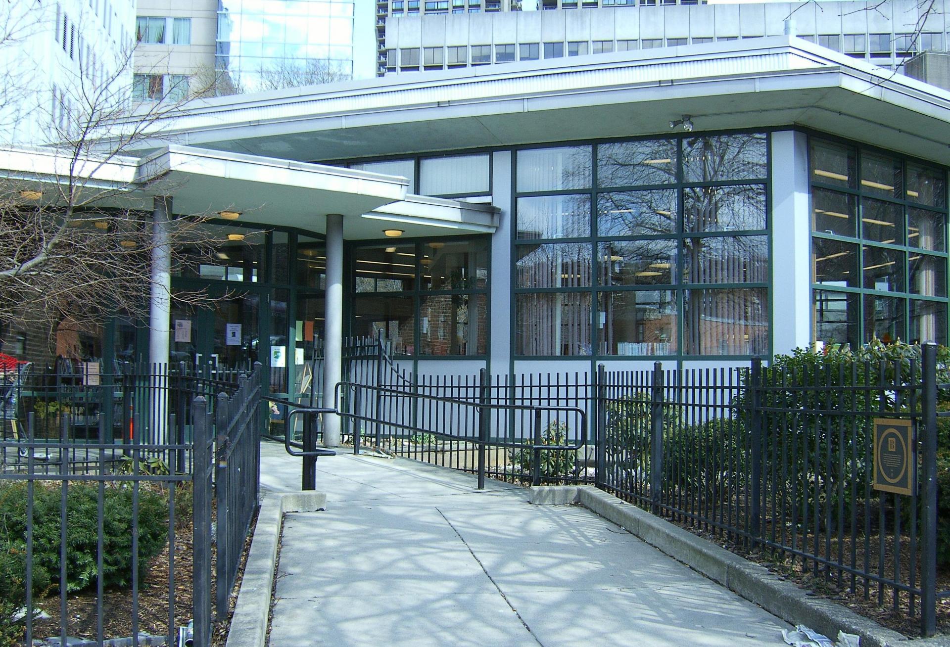 The entrance to the Boston Public Library's West End branch.