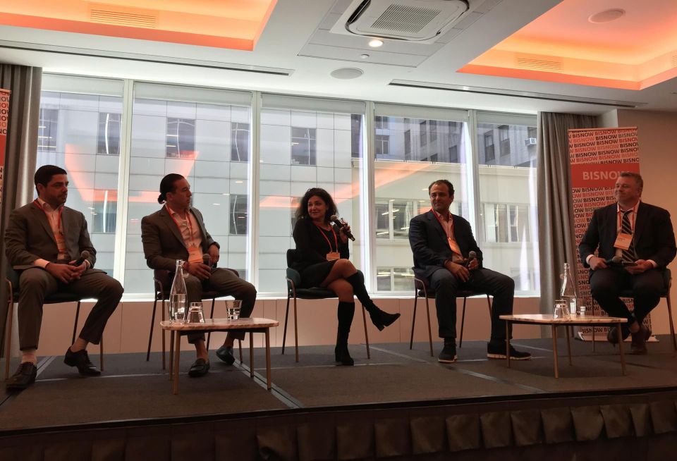 MG2's Victor Malerba Jr., Silverback Development's Josh Schuster, WSP's Susan Erdelyi Hamos, ITALKRAFT's Raul Gutierrez and KOW Building Consultants' Kenneth Wille speak at Bisnow's Tri-State multifamily conference.