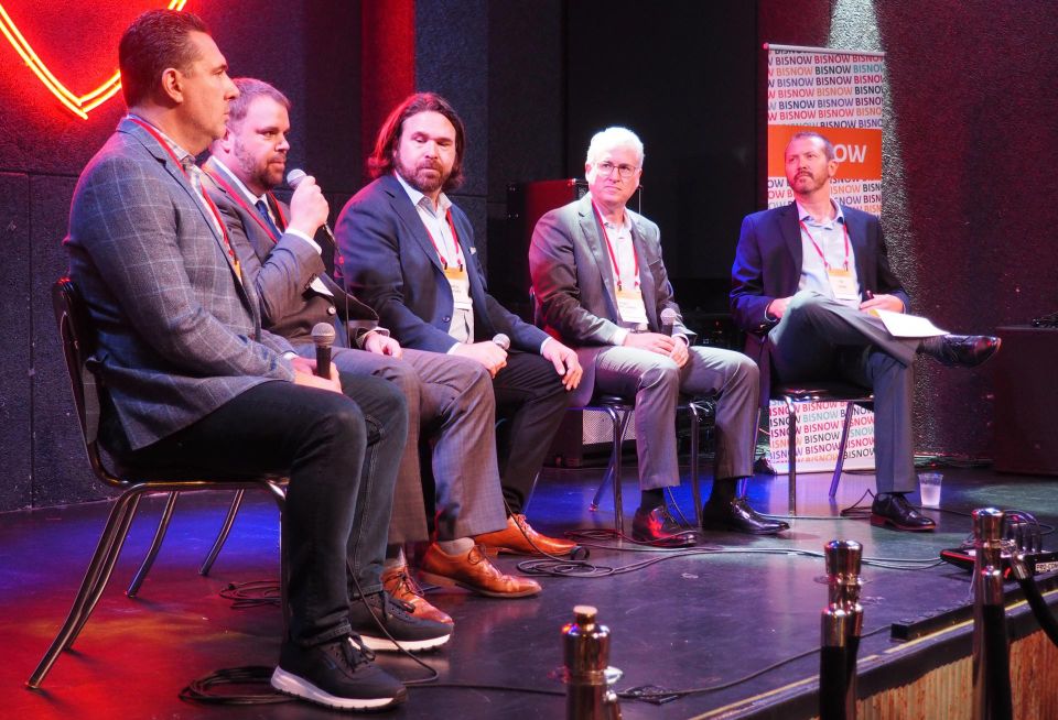 Knead Hospitality + Design's Jason Berry, Jair Lynch Real Estate Partners' Anthony Startt, Colliers' Andrew Poncher, Brookfield Properties' Toby Millman and the Capitol Riverfront BID's Ted Jutras speak at Bisnow's Buzzard Point, Ballpark and Capital Riverfront CRE Opportunities event on Tuesday.