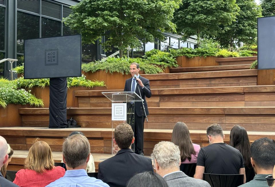 WS Development Senior Vice President Yanni Tsipis at the ribbon cutting for 400 Summer St. in the Seaport.