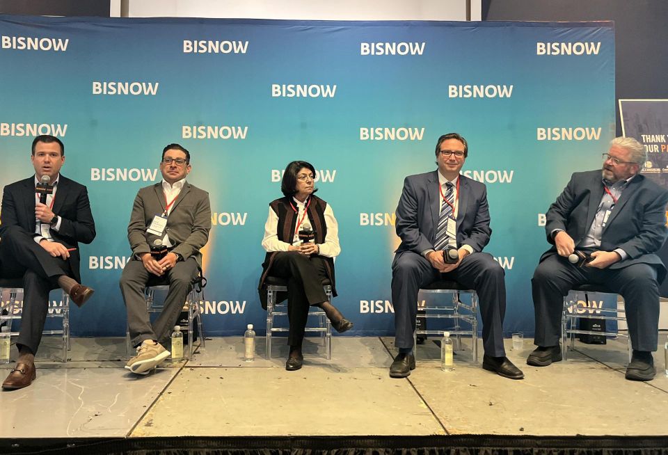 Phillips Lytle's Joseph Heins, Rethink Healthcare Real Estate's David Braunstein, Avani Parikh Architecture PC's Avani Parikh, Memorial Sloan Kettering's Ryan Kiefer and Northwell Health's Jonathan Cogswell onstage at Bisnow’s New York Healthcare Real Estate Conference.