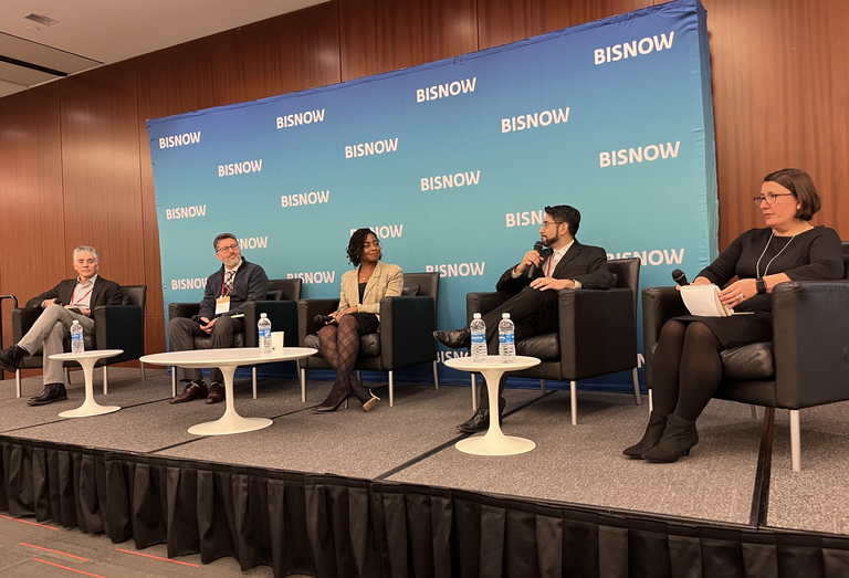 Saaski's Vinicius Gorgati, Pace University's Vlad Kowalyk, Group PMX's Danei Wallet, Brightcore Energy's Jonathan Hernandez and Kohler Ronan's Talya Santillan onstage at Bisnow's 2025 New York Higher Education Summit.