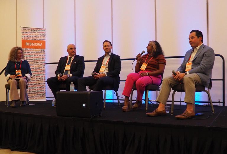 HR Construction Group's Amy Montgomery, OTO Development's Corry Oakes, IHG Hotels & Resorts' Alex Moeckel, Determined by Design's Sequoyah Hunter-Cuyjet and ZDS' Eric Zuena speak during a panel at Bisnow's Lodging and Investment Summit on Aug. 2, 2022.