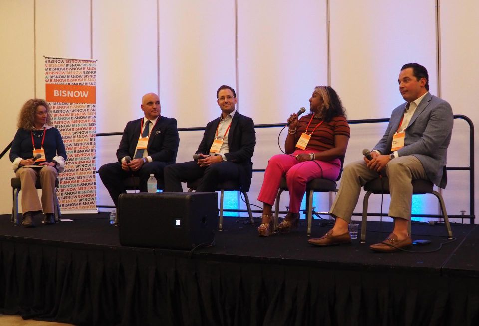 HR Construction Group's Amy Montgomery, OTO Development's Corry Oakes, IHG Hotels & Resorts' Alex Moeckel, Determined by Design's Sequoyah Hunter-Cuyjet and ZDS' Eric Zuena speak during a panel at Bisnow's Lodging and Investment Summit on Aug. 2, 2022.