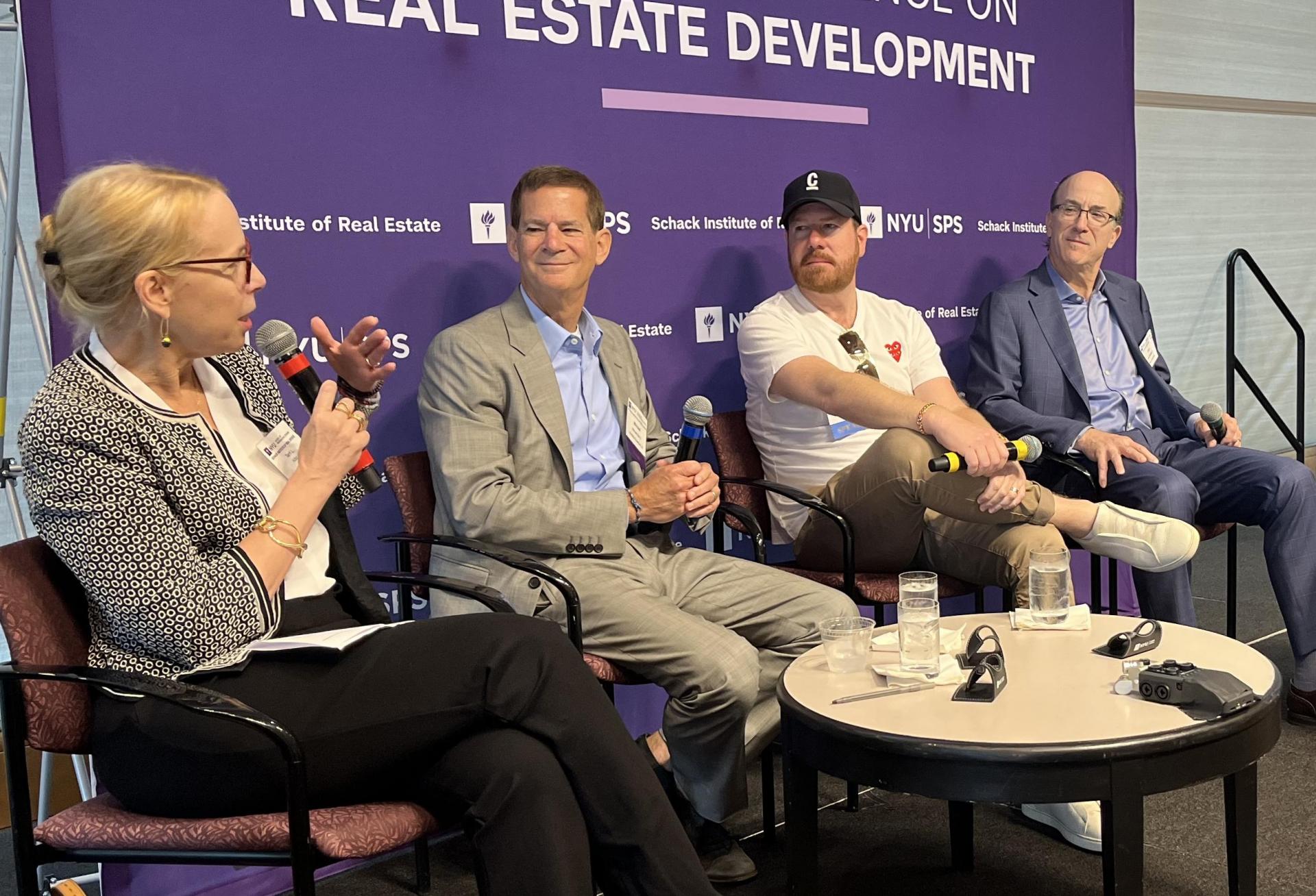 Adler & Stachenfeld's Terri Adler, Ironstate Properties' Michael Barry, Charney Cos.' Sam Charney and Alchemy Properties' Joel Breitkopf onstage at Bisnow and NYU Schack Institute For Real Estate's 2026 National Conference on Real Estate Development.