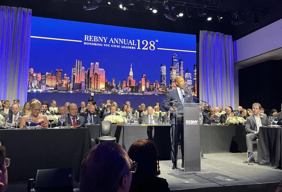 New York City Mayor Eric Adams addresses the crowd at REBNY's 128th annual gala.