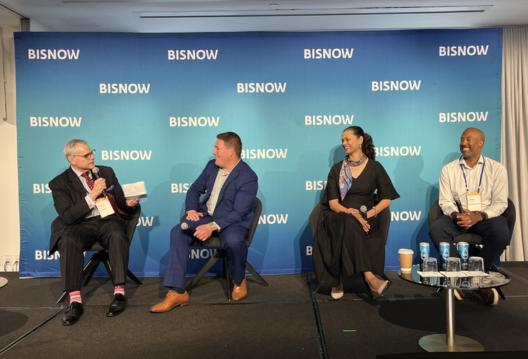 Herrick's Morris Defeo, BXP's Ben Myers, Howard Hughes' Gautami Palanki and Camber Creek's Lionel Foster onstage at Bisnow's 2024 National Sustainability Conference.