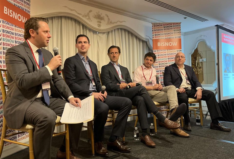 Tarter Krinsky & Drogan's Sean Scuderi, JP Morgan's Eric Wald, KABR Group's Adam Altman, Nuveen Green Capital's Aaron Kraus and JLL's Jose Cruz on stage at Bisnow's 2023 Long Island State of the Market event.