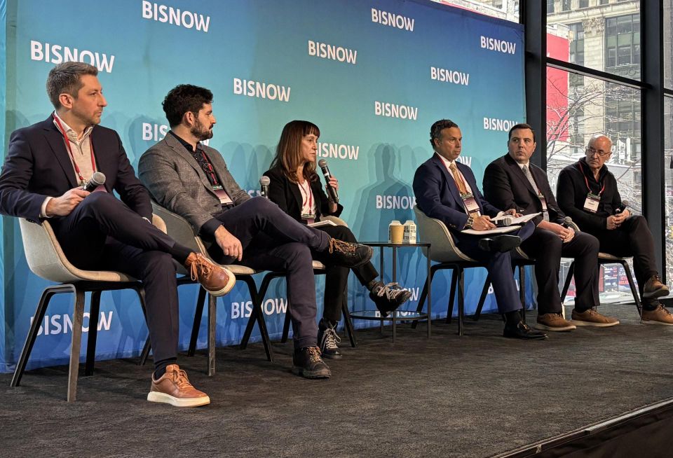 Vanbarton Group's Joey Chilelli, Metro Loft Management's Daniel Berman, Breaking Ground's Brenda Rosen, Windels' Joshua Oberman, Gilsanz Murray Steficek's Andrew Dolan and Fogarty Finger's Chris Fogarty onstage at Bisnow's 2026 New York Conversions and Building Upgrades conference.