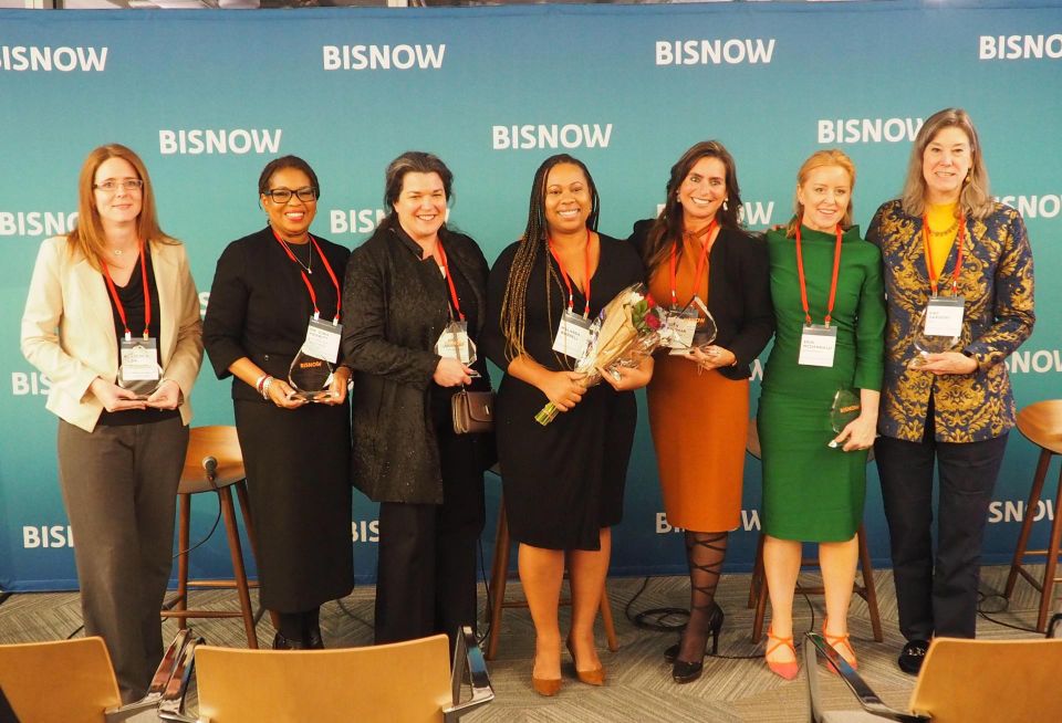 Van Metre Homes' Raedun de Alba, Northern Real Estate Urban Ventures' Gina Merritt, HOK'S Anica Landreneau, JLL's Malanda Worrell, Offit Kurman's Bryn Sherman, Envrionments' Erin McDannald and HOK's Kay Sargent were among the honorees for Innovator of the Year at Bisnow's D.C. Region Women Leading Real Estate awards ceremony on Dec. 6, 2022.
