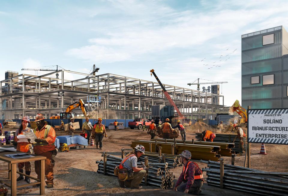 A rendering of construction in California Forever's city