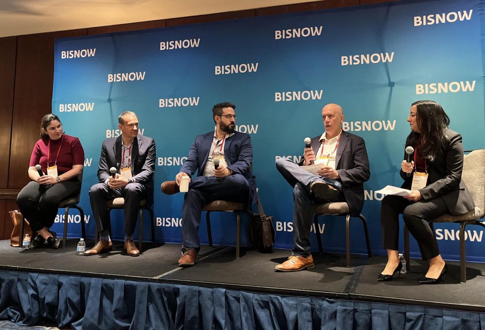 The Hudson Companies' Marlee Busching-Truscott, Rose Associates' Marc Ehrlich, Capalino's Brian Cook, Loci Architecture PLLC's David Briggs and Zetlin & De Chiara LLP's Jaimee Nardiello onstage at Bisnow's New York Multifamily and Residents of the Future event.