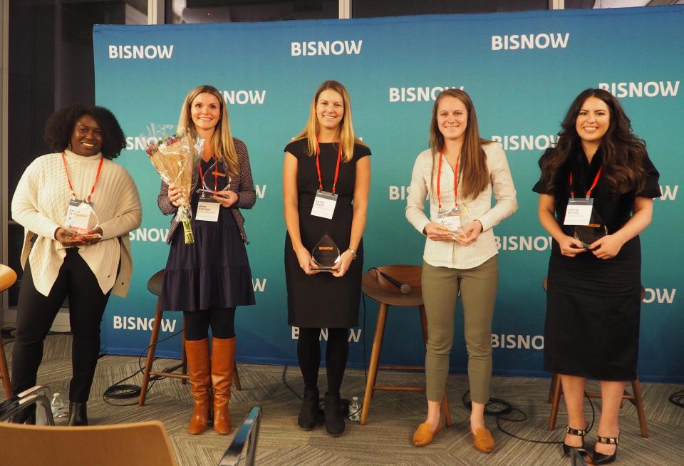 EDENS' Emalia Tamanikwa, Boston Properties' Erin Cotter, Rockefeller Group's Katie Lenss, Whiting-Turner's Mary Madden and The Brand Guild's Sofia Royce were among the honorees for Rising Stars at Bisnow's D.C. Region Women Leading Real Estate awards ceremony on Dec. 6, 2022.