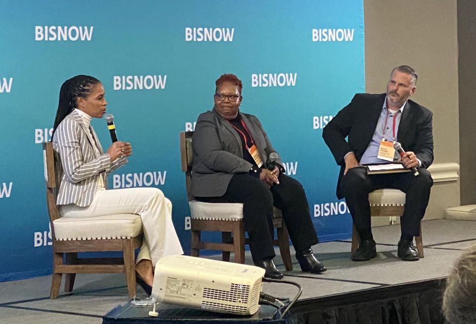Prince George's County Executive Angela Alsobrooks, Prince George’s Deputy Chief Administrative Officer of Economic Development Angie Rodgers and RISE Investment Partners' Brad Frome speak during a panel at Bisnow's Future of Prince George's County event on Oct. 13, 2022.