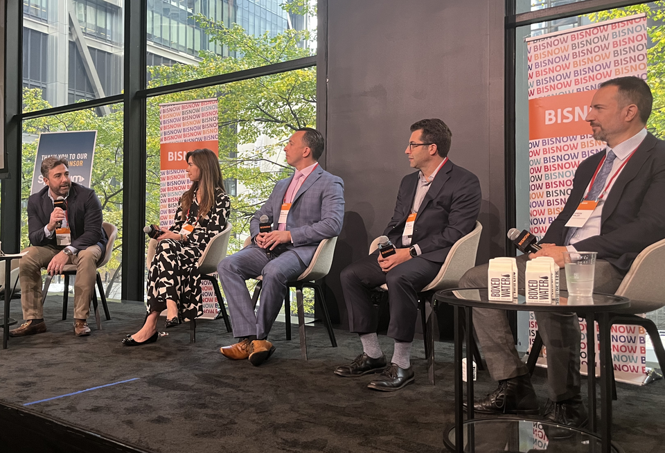 Citrin Cooperman's Blake Boshnack, Charney Cos.' Rosie Tilley, Warshaw Burstein's Sam Marchese, Carmel Partners' Lee Bloch and Gotham Organization's Simeon Maleh onstage at Bisnow's 2025 New York Multifamily Development and Operations Conference.