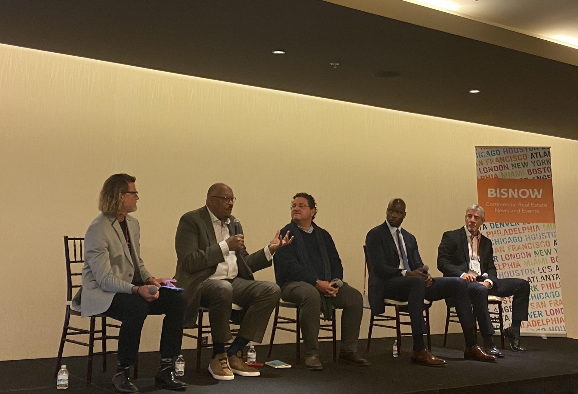 Harley Ellis Devereaux Principal Daniel Gehman, Avanath CEO Daryl Carter, Key Bank SVP Matthew Haas, Langdon Park Capital CEO Malcom Johnson and Highridge CEO Michael Costa at Bisnow's BMAC West event in November 2021