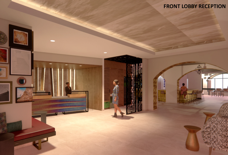 A rendering of the lobby reception area at Hotel Indigo Spring-Woodlands Area in Houston.