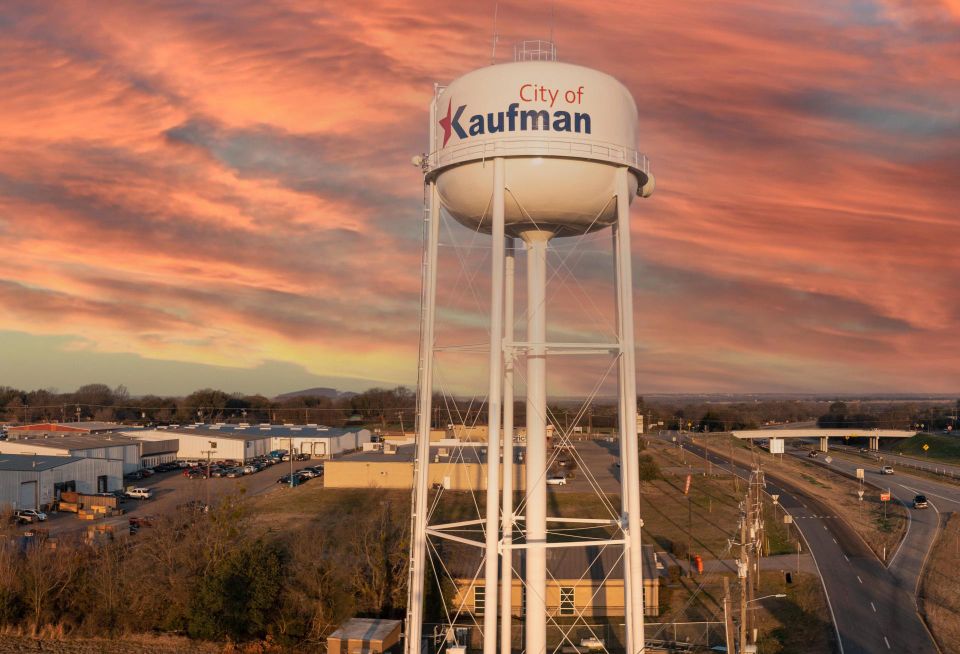 water tower at sunset