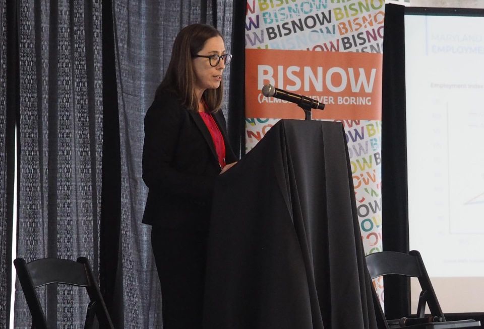 Transwestern Senior Managing Research Director Elizabeth Norton speaks during Bisnow's Mid-Atlantic Life Science and Biotech Summit on Dec. 7.
