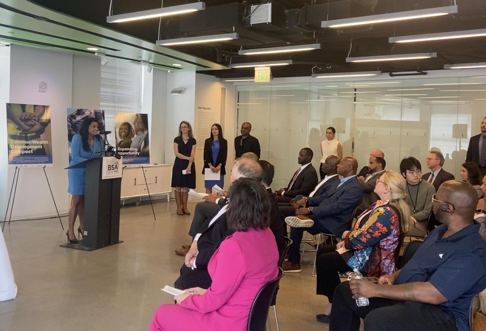 Builders of Color Coalition's Colleen Fonseca speaking at the CommonWealth Development Compact event.