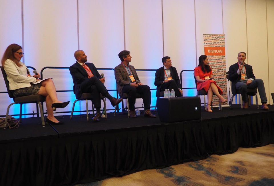 Hunton Andrews Kurth's Rori Malech, JLL's Kevin Davis, Chartres Lodging Group's Rob Kline, G6 Hospitality's Rob Palleschi, citizenM Hotels' Marissa Ballan and The Buccini/Pollin Group's Dave Pollin speak during a panel at Bisnow's Lodging and Investment Summit on Aug. 2, 2022.