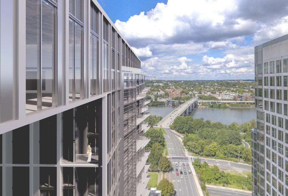 A view from the proposed redevelopment of the former RCA tower at 1901 N. Moore St. in Rosslyn, looking toward the Key Bridge